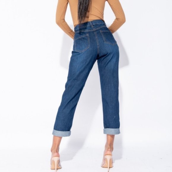 Blue High Waist Ripped Distressed Cuffed Boyfriend Jeans Denim Pants - Picture 5 of 13